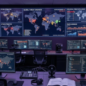 Oficina violeta con computadoras